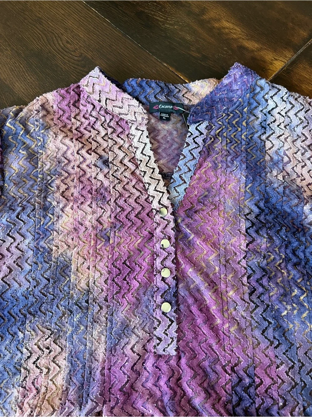 Cocomo NWT Popover Top Women’s XL Multicolor Zigzag Burnout Pleated 3/4 Sleeve - Picture 7 of 11